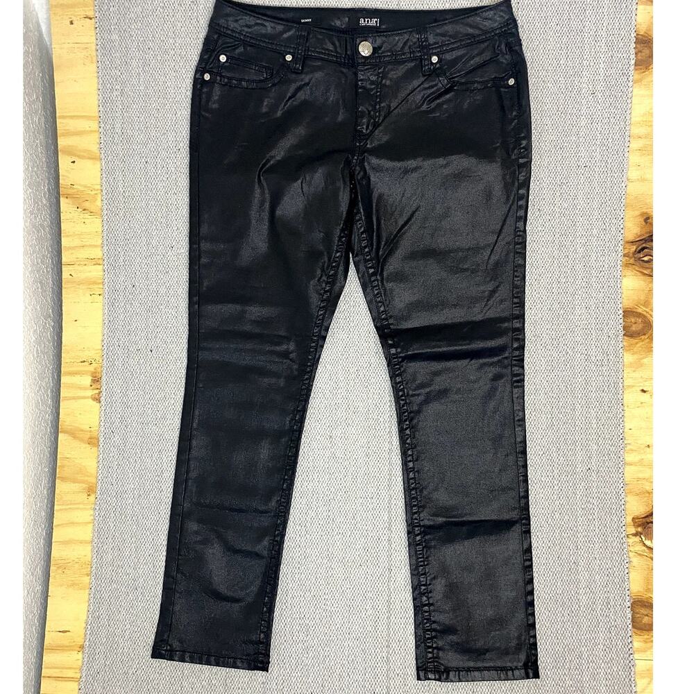 a.n.a Petite Coated Jeans Womens 12P 34X28 Black Wax Skinny Gloss Stretch Biker - Picture 2 of 13